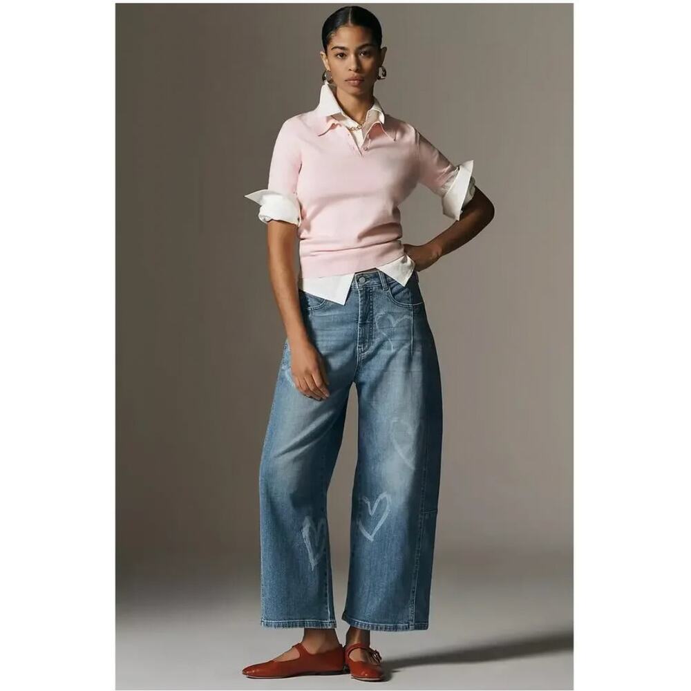 Anthropologie Pilcro Kenna Mid-Rise Heritage Barrel Jeans Icon Hearts Size 30 - Picture 3 of 16